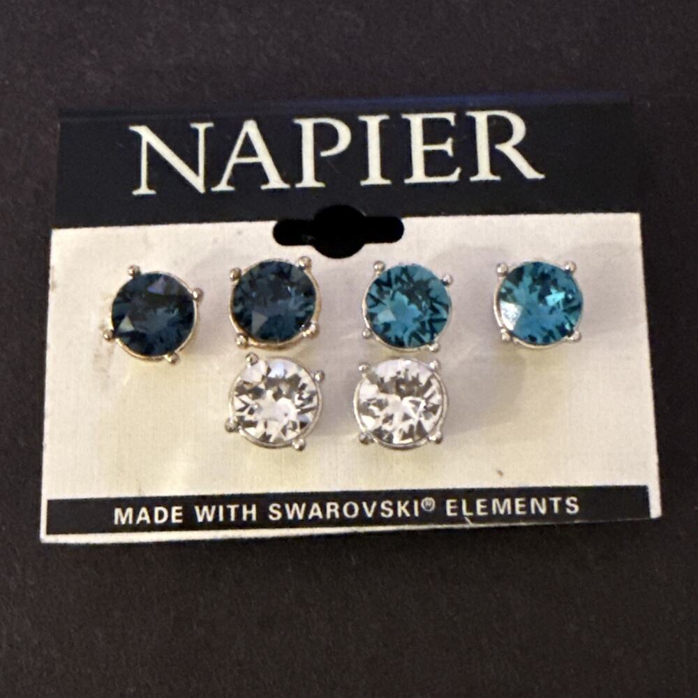 Napier 3 Pair Crystal Stud Earrings Blue Clear Swarovski Elements on Card